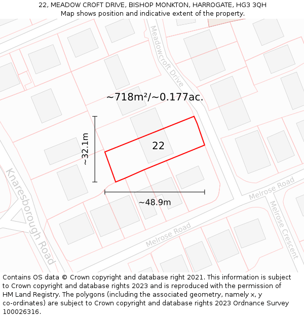 22, MEADOW CROFT DRIVE, BISHOP MONKTON, HARROGATE, HG3 3QH: Plot and title map