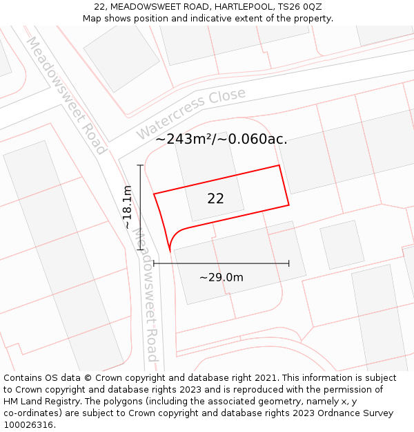 22, MEADOWSWEET ROAD, HARTLEPOOL, TS26 0QZ: Plot and title map