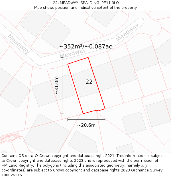 22, MEADWAY, SPALDING, PE11 3LQ: Plot and title map