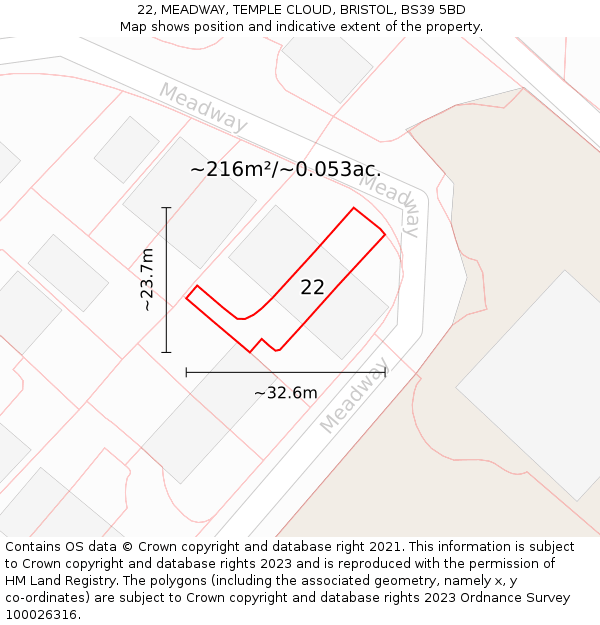 22, MEADWAY, TEMPLE CLOUD, BRISTOL, BS39 5BD: Plot and title map