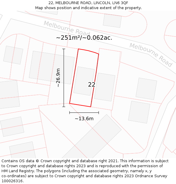 22, MELBOURNE ROAD, LINCOLN, LN6 3QF: Plot and title map