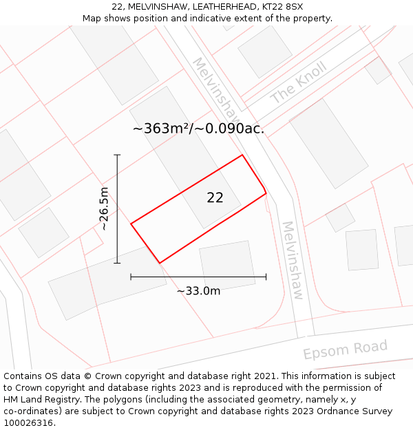 22, MELVINSHAW, LEATHERHEAD, KT22 8SX: Plot and title map