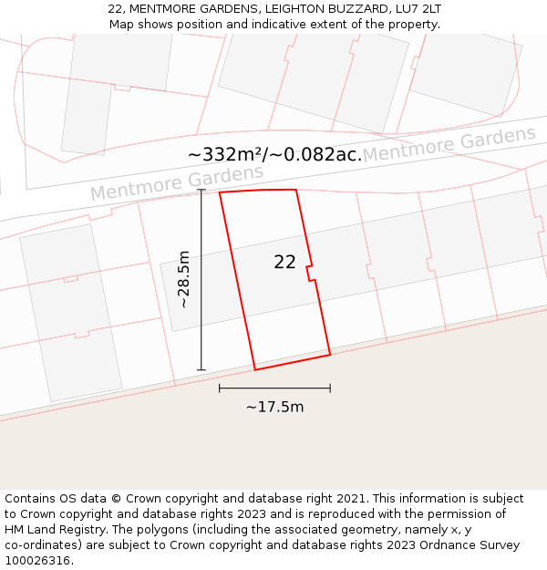 22, MENTMORE GARDENS, LEIGHTON BUZZARD, LU7 2LT: Plot and title map