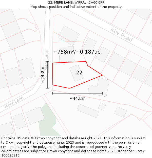 22, MERE LANE, WIRRAL, CH60 6RR: Plot and title map