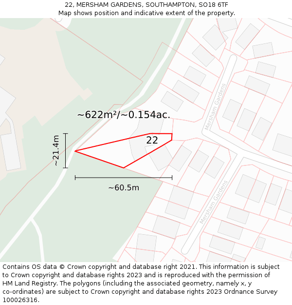 22, MERSHAM GARDENS, SOUTHAMPTON, SO18 6TF: Plot and title map