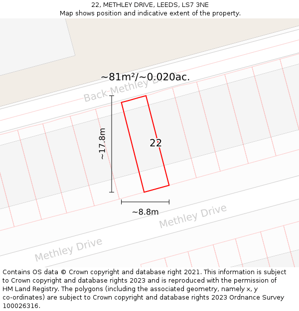 22, METHLEY DRIVE, LEEDS, LS7 3NE: Plot and title map