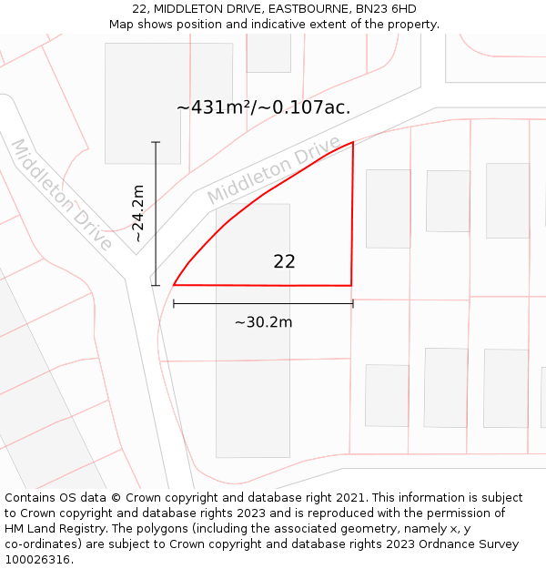 22, MIDDLETON DRIVE, EASTBOURNE, BN23 6HD: Plot and title map