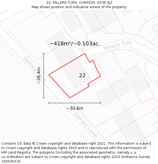 22, MILLERS TURN, CHINNOR, OX39 4JZ: Plot and title map