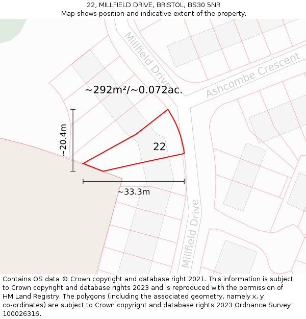 22, MILLFIELD DRIVE, BRISTOL, BS30 5NR: Plot and title map
