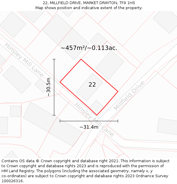 22, MILLFIELD DRIVE, MARKET DRAYTON, TF9 1HS: Plot and title map