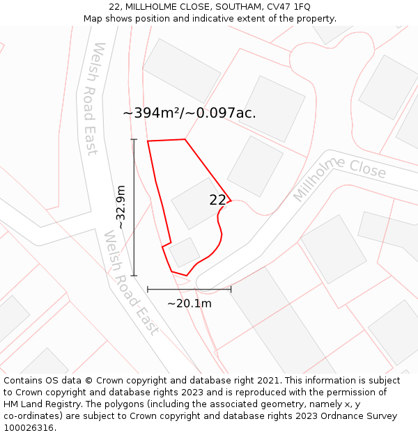 22, MILLHOLME CLOSE, SOUTHAM, CV47 1FQ: Plot and title map