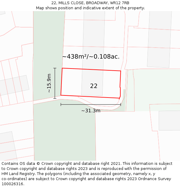 22, MILLS CLOSE, BROADWAY, WR12 7RB: Plot and title map