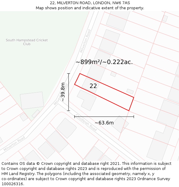 22, MILVERTON ROAD, LONDON, NW6 7AS: Plot and title map