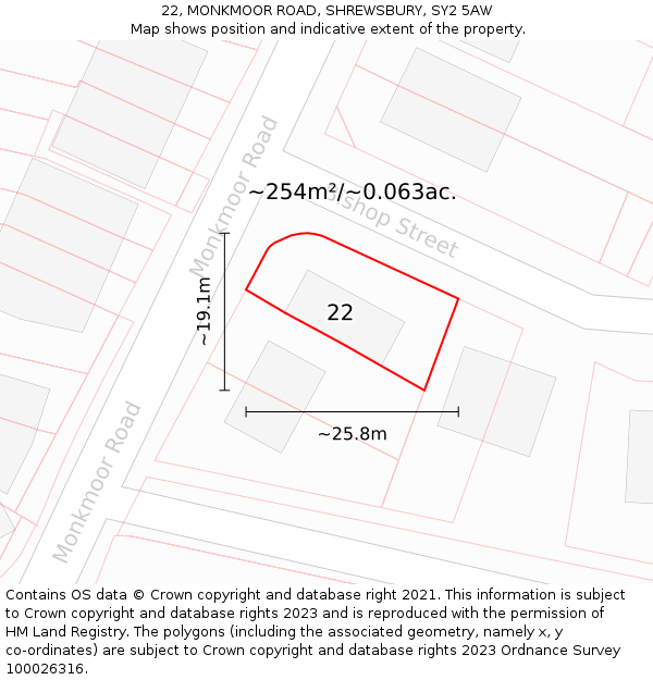 22, MONKMOOR ROAD, SHREWSBURY, SY2 5AW: Plot and title map