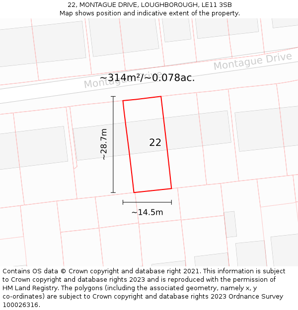 22, MONTAGUE DRIVE, LOUGHBOROUGH, LE11 3SB: Plot and title map