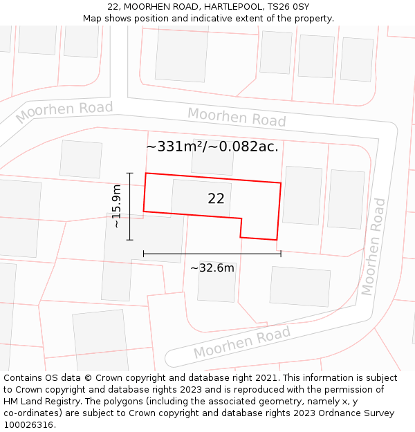 22, MOORHEN ROAD, HARTLEPOOL, TS26 0SY: Plot and title map