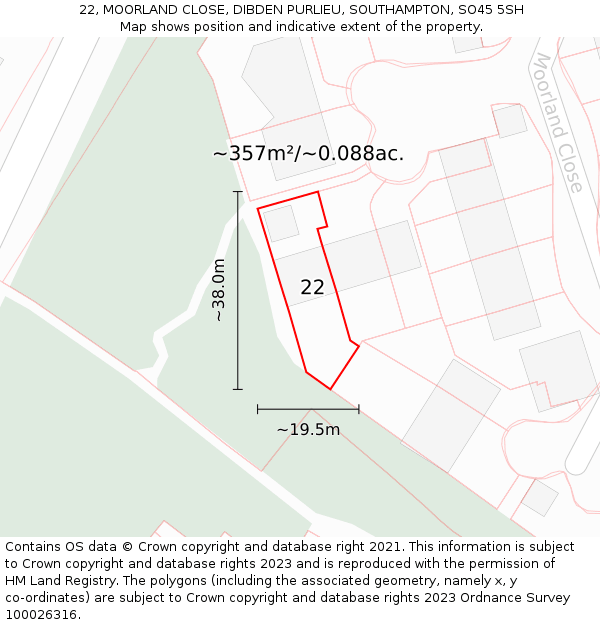 22, MOORLAND CLOSE, DIBDEN PURLIEU, SOUTHAMPTON, SO45 5SH: Plot and title map