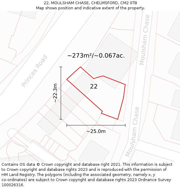 22, MOULSHAM CHASE, CHELMSFORD, CM2 0TB: Plot and title map