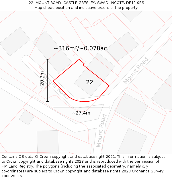 22, MOUNT ROAD, CASTLE GRESLEY, SWADLINCOTE, DE11 9ES: Plot and title map