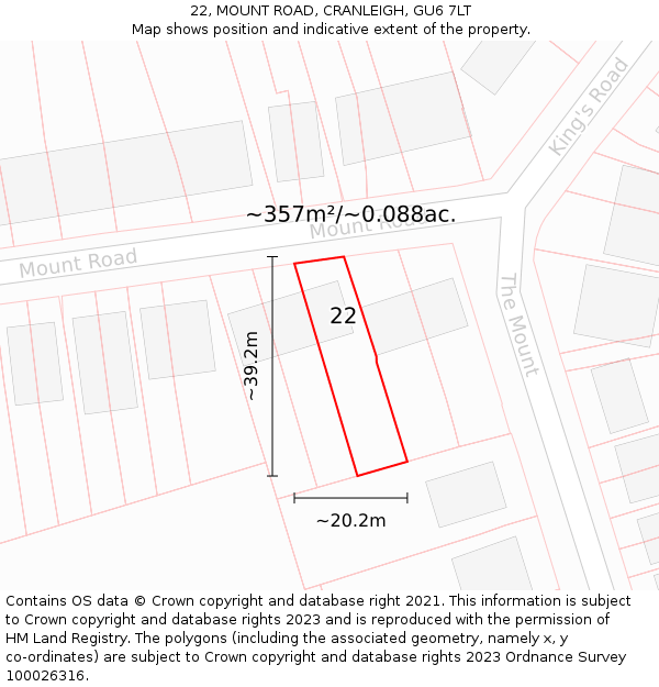 22, MOUNT ROAD, CRANLEIGH, GU6 7LT: Plot and title map