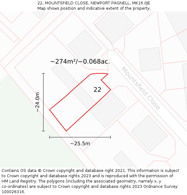 22, MOUNTSFIELD CLOSE, NEWPORT PAGNELL, MK16 0JE: Plot and title map