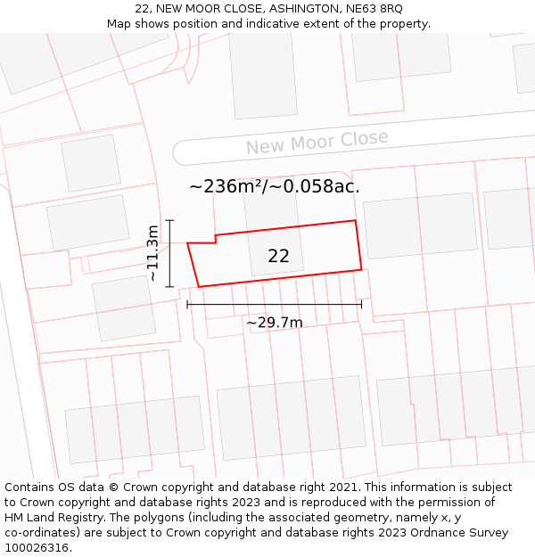 22, NEW MOOR CLOSE, ASHINGTON, NE63 8RQ: Plot and title map