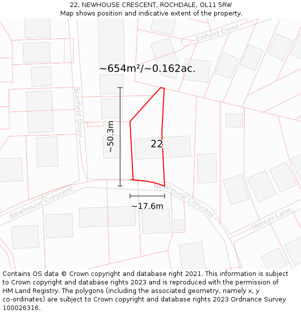 22, NEWHOUSE CRESCENT, ROCHDALE, OL11 5RW: Plot and title map