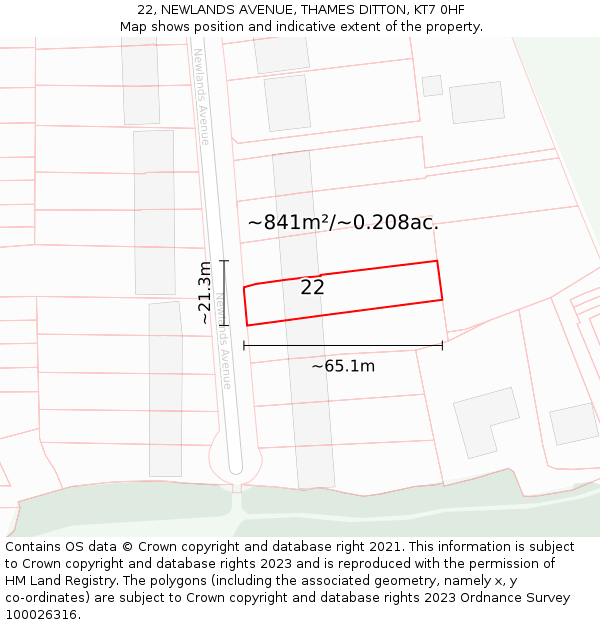 22, NEWLANDS AVENUE, THAMES DITTON, KT7 0HF: Plot and title map