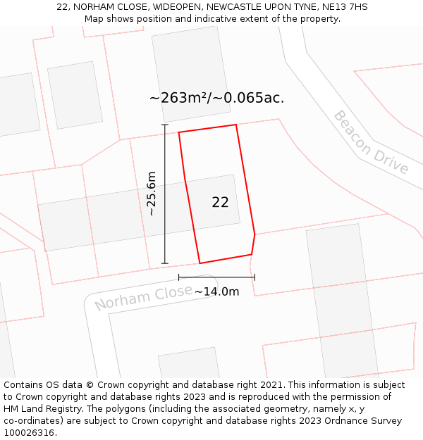 22, NORHAM CLOSE, WIDEOPEN, NEWCASTLE UPON TYNE, NE13 7HS: Plot and title map