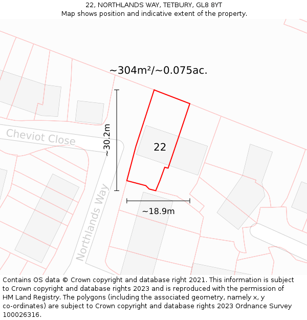 22, NORTHLANDS WAY, TETBURY, GL8 8YT: Plot and title map