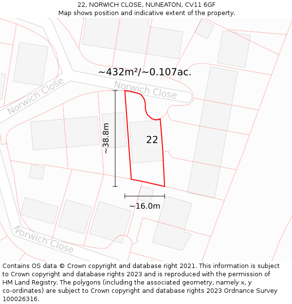 22, NORWICH CLOSE, NUNEATON, CV11 6GF: Plot and title map