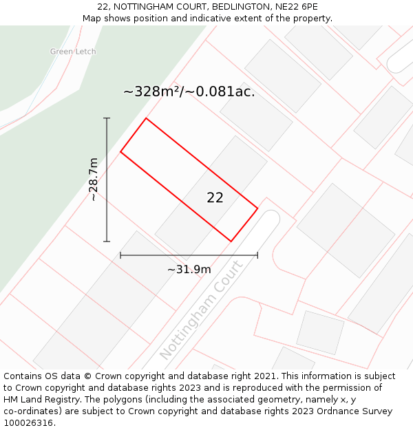 22, NOTTINGHAM COURT, BEDLINGTON, NE22 6PE: Plot and title map