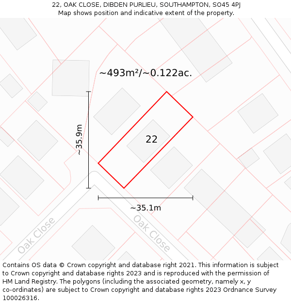 22, OAK CLOSE, DIBDEN PURLIEU, SOUTHAMPTON, SO45 4PJ: Plot and title map