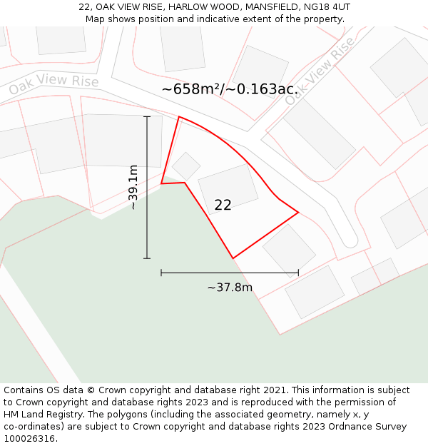 22, OAK VIEW RISE, HARLOW WOOD, MANSFIELD, NG18 4UT: Plot and title map