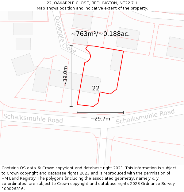 22, OAKAPPLE CLOSE, BEDLINGTON, NE22 7LL: Plot and title map