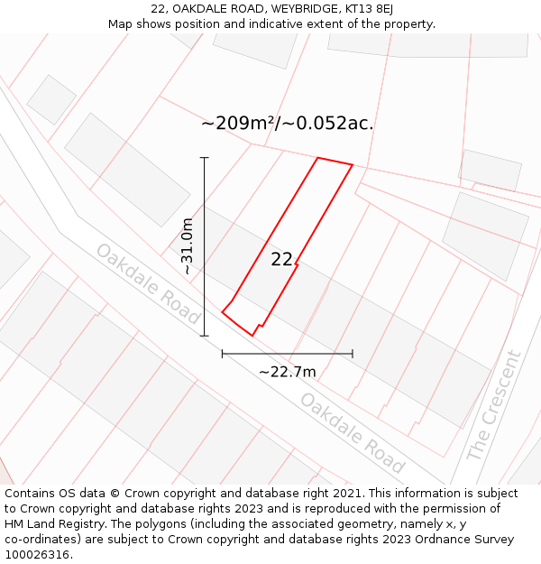 22, OAKDALE ROAD, WEYBRIDGE, KT13 8EJ: Plot and title map