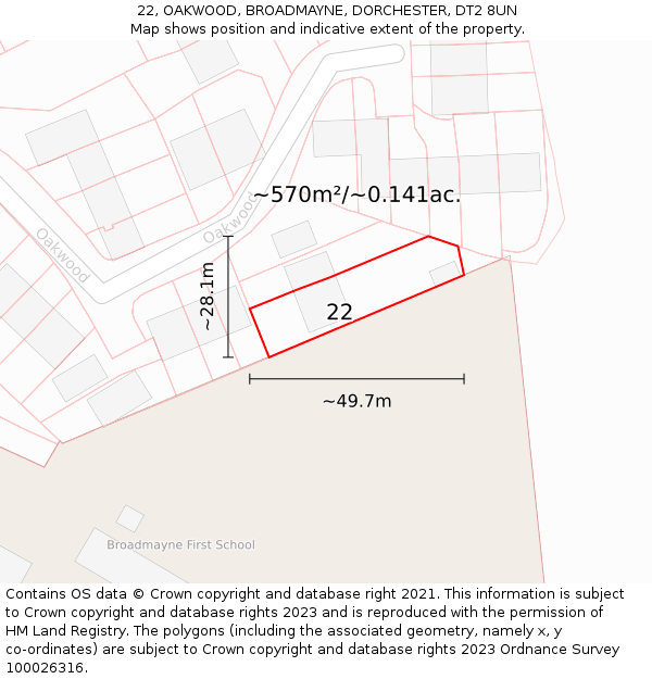 22, OAKWOOD, BROADMAYNE, DORCHESTER, DT2 8UN: Plot and title map