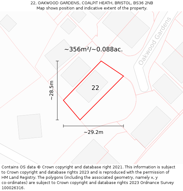 22, OAKWOOD GARDENS, COALPIT HEATH, BRISTOL, BS36 2NB: Plot and title map