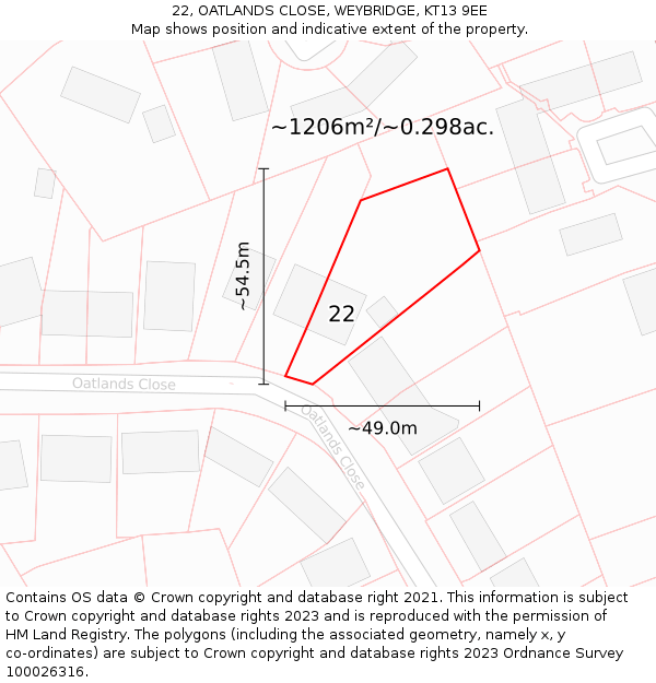 22, OATLANDS CLOSE, WEYBRIDGE, KT13 9EE: Plot and title map