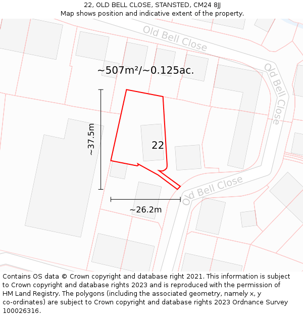 22, OLD BELL CLOSE, STANSTED, CM24 8JJ: Plot and title map