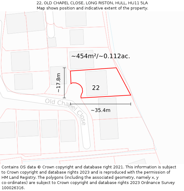 22, OLD CHAPEL CLOSE, LONG RISTON, HULL, HU11 5LA: Plot and title map