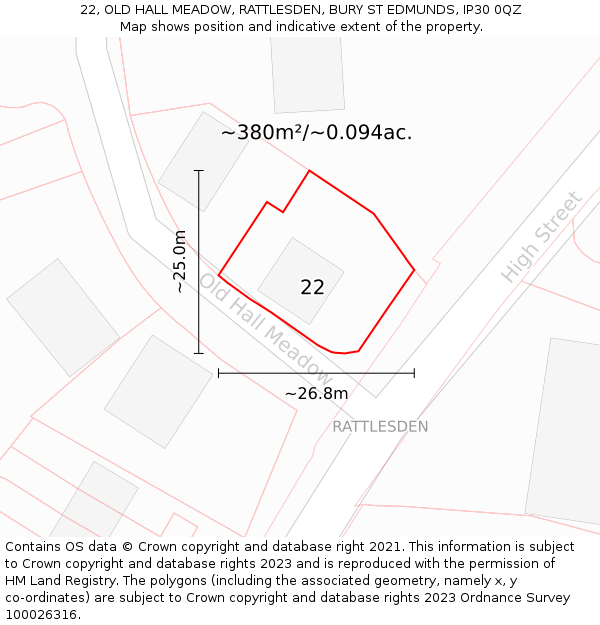 22, OLD HALL MEADOW, RATTLESDEN, BURY ST EDMUNDS, IP30 0QZ: Plot and title map