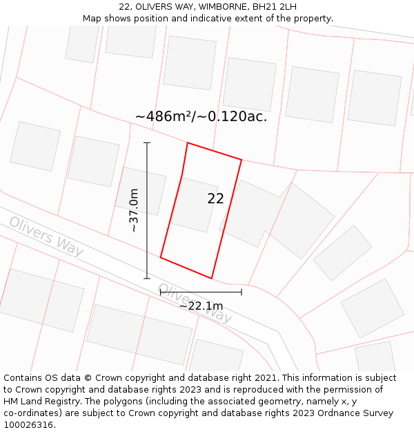 22, OLIVERS WAY, WIMBORNE, BH21 2LH: Plot and title map