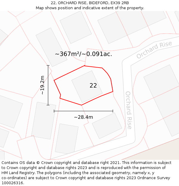 22, ORCHARD RISE, BIDEFORD, EX39 2RB: Plot and title map