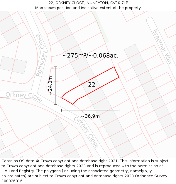 22, ORKNEY CLOSE, NUNEATON, CV10 7LB: Plot and title map