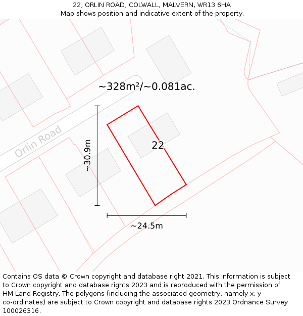 22, ORLIN ROAD, COLWALL, MALVERN, WR13 6HA: Plot and title map