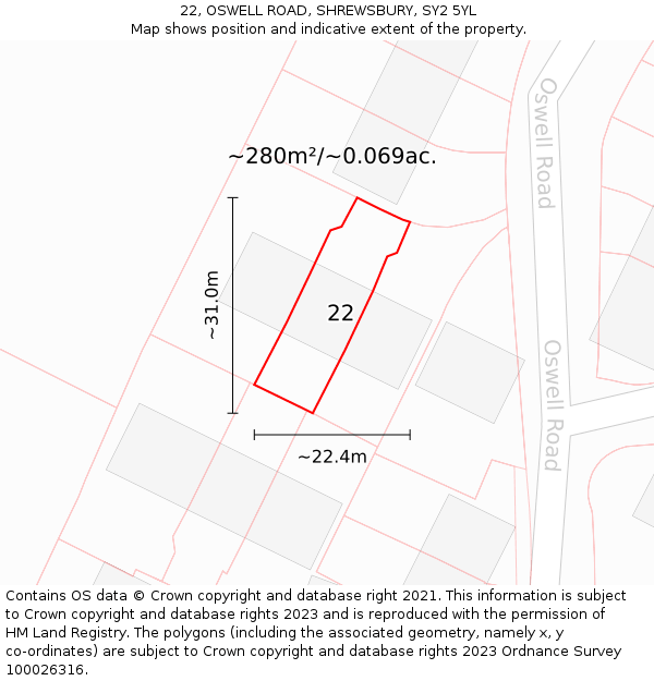 22, OSWELL ROAD, SHREWSBURY, SY2 5YL: Plot and title map