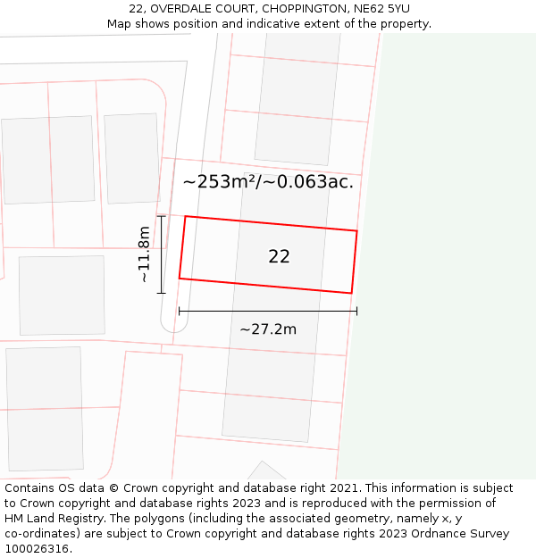 22, OVERDALE COURT, CHOPPINGTON, NE62 5YU: Plot and title map
