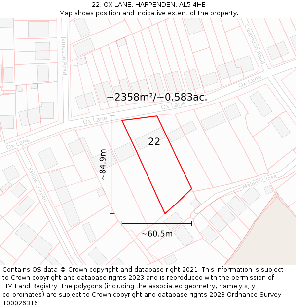 22, OX LANE, HARPENDEN, AL5 4HE: Plot and title map