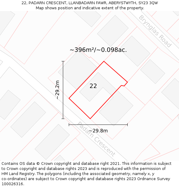 22, PADARN CRESCENT, LLANBADARN FAWR, ABERYSTWYTH, SY23 3QW: Plot and title map